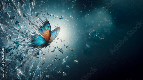 Blue delicate butterfly flying through glass wall to other side, shattering and breaking barrier against all odds, copy space