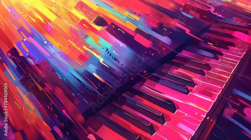 Piano keyboard with colorful paint splashes. Abstract music background. photo