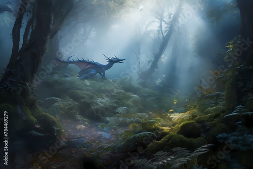 **A mist-shrouded forest alive with the sounds of wildlife, where a graceful dragon prowls through the undergrowth with silent majesty ©  ALLAH LOVE