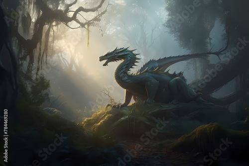   A mist-shrouded forest alive with the sounds of wildlife  where a graceful dragon prowls through the undergrowth with silent majesty