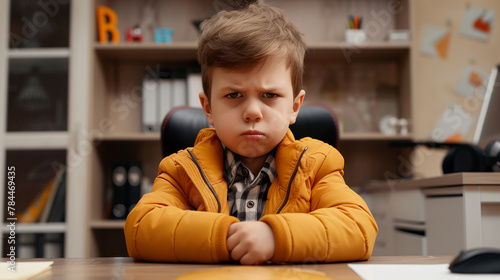 Resentful young guy. Angry boy in the principal's office. A child is punished at school. An obnoxious teenager. photo