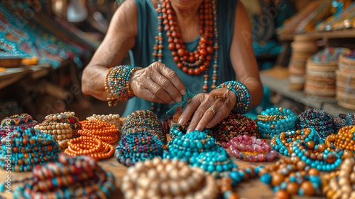 A human hand touching hand made colorful jewelleries hanging in a local roadside shop