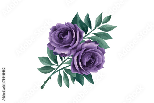 watercolor purple rose clipart illustration with leaves and a green leaf on white background. photo