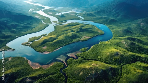 aerial view of serpentine river through lush valleys © StraSyP