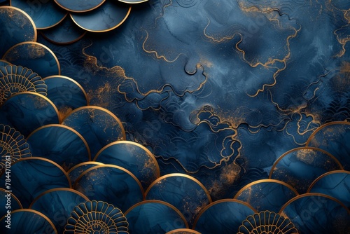 abstract backrgound, beautiful asian golden pattern on a dark blue background 