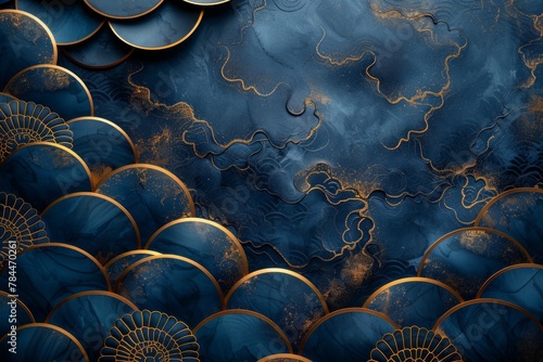 abstract backrgound, beautiful asian golden pattern on a dark blue background  photo