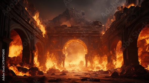 ancient temple engulfed in flames