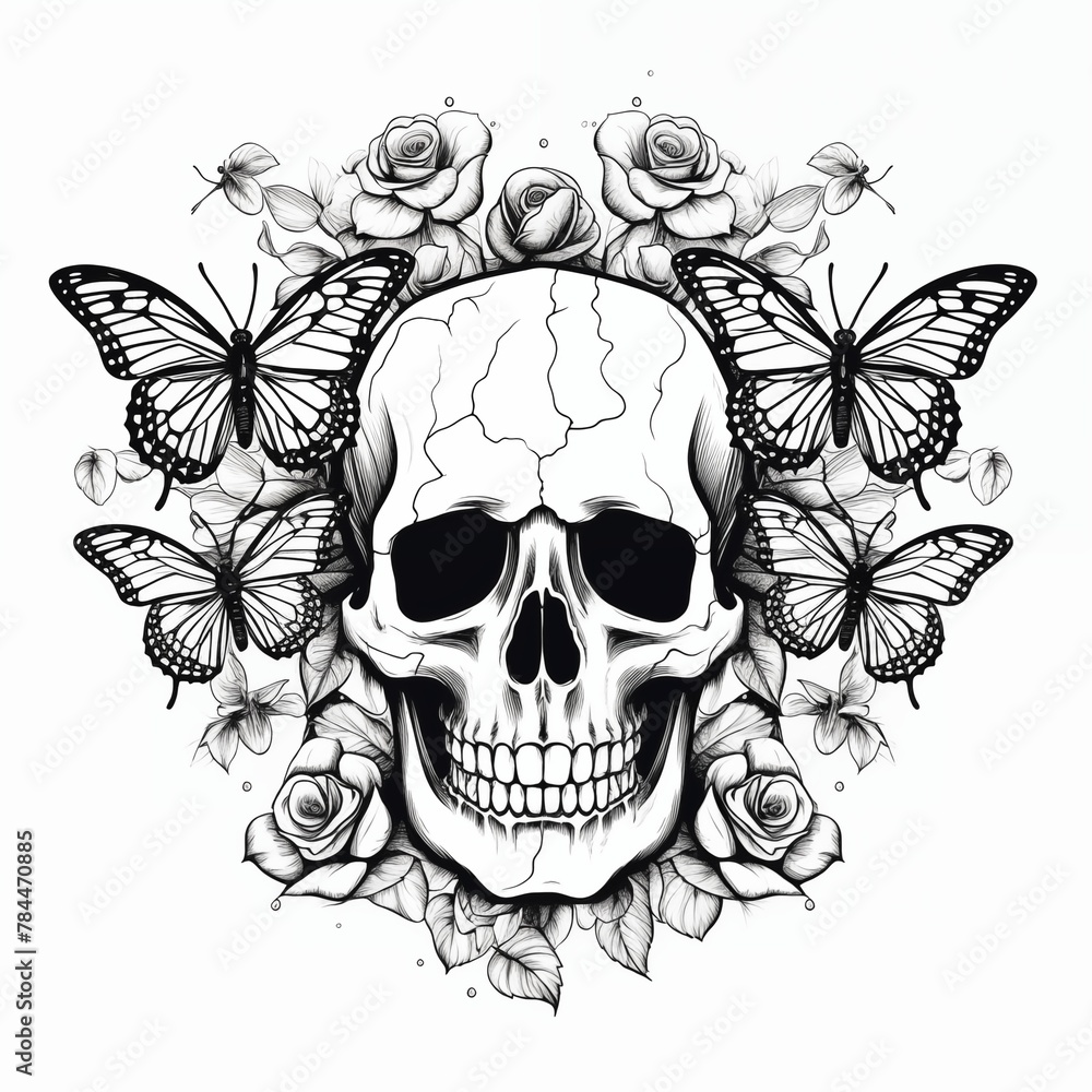 Fototapeta premium Black-eyed graphic image of human skull with butterflies on white background. For tattoo decoration. AI generated