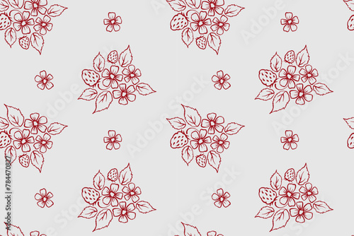 seamless botanical pattern of painted oriental motifs on a white background