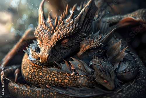 **A mother dragon tenderly cuddling her newborn hatchlings, their eyes closed in peaceful slumber