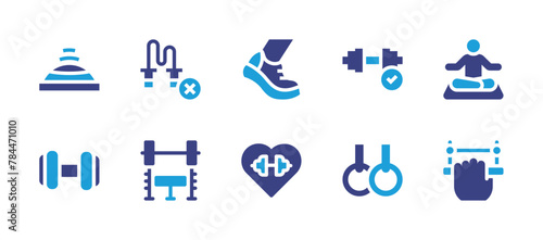 Exercise icon set. Duotone color. Vector illustration. Containing gym  walking  meditation  bench  exercise  balanceball  physicalwellbeing  rings  pullup.