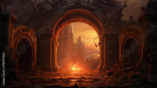 fiery siege in ancient ruins photo