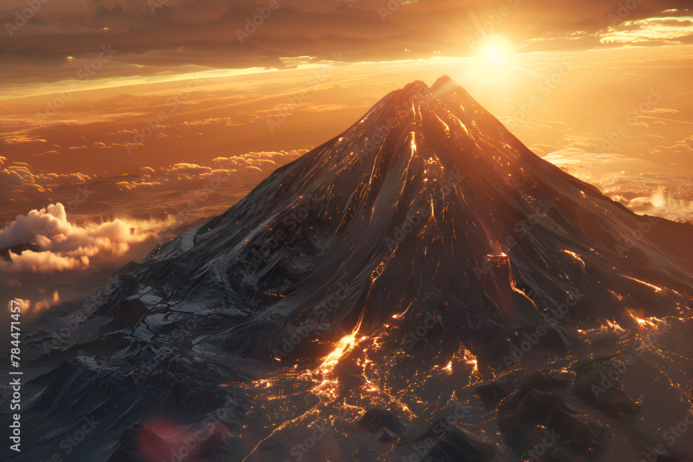 A mountain with a volcano on top and a sun in the sky. The sun is setting and the mountain is covered in snow. Generative AI