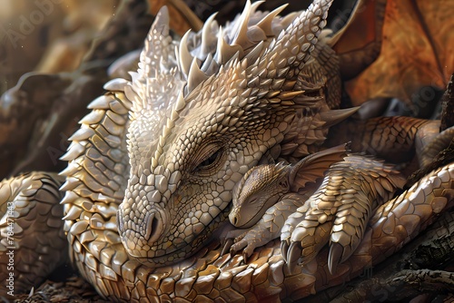   A mother dragon tenderly cuddling her newborn hatchlings  their eyes closed in peaceful slumber