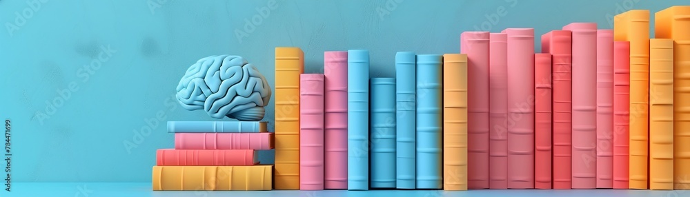 Knowledge enhancement represented by D rendered colorful books in clay style, with brain icon, in pastel bright colors Knowledge enhancement represented by D rendered colorful books in clay style, with brain icon, in pastel bright colors