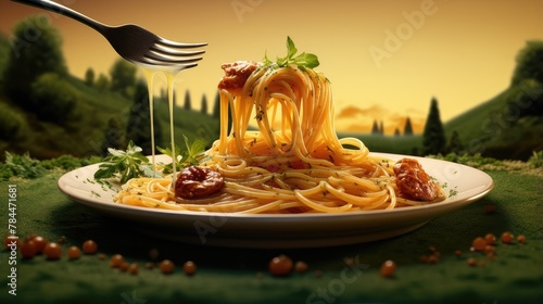 delicious cheesy pasta on mountain backdrop