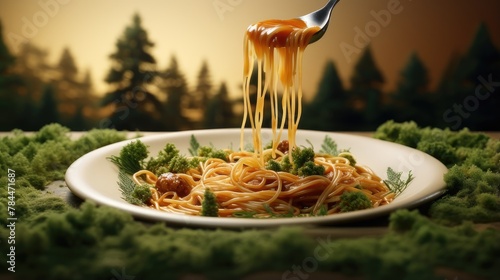 delicious cheesy pasta on forest backdrop