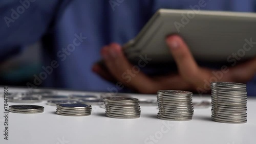 Man's hands counting money, close up. Concept of financial wealth, saving money and arranging coins. Personal financial accountability.