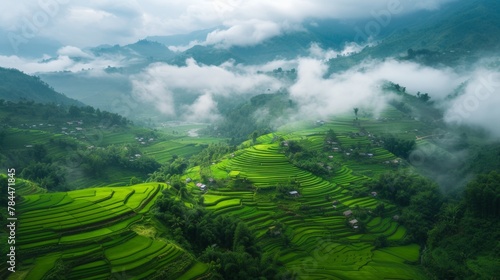 Terraced fields, Paddy fields, Ancient villages shrouded in clouds and mist in the mountains photo