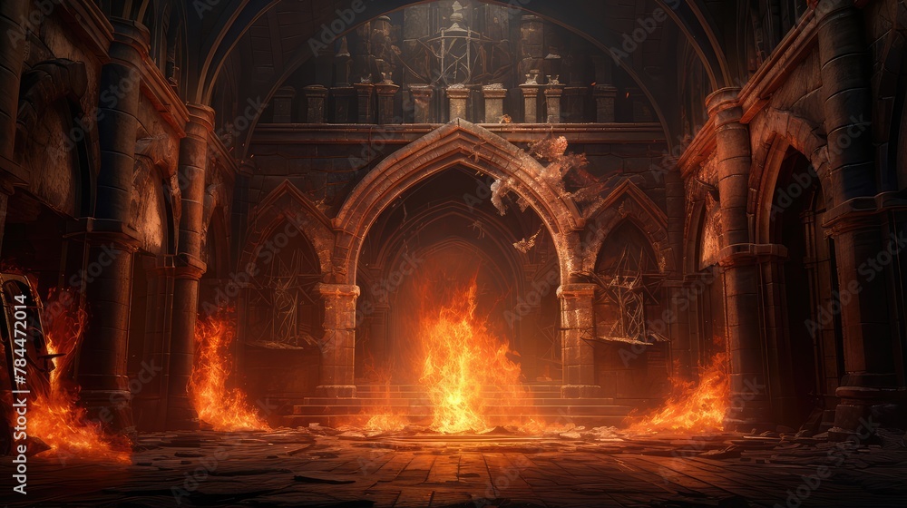 medieval castle interior on fire