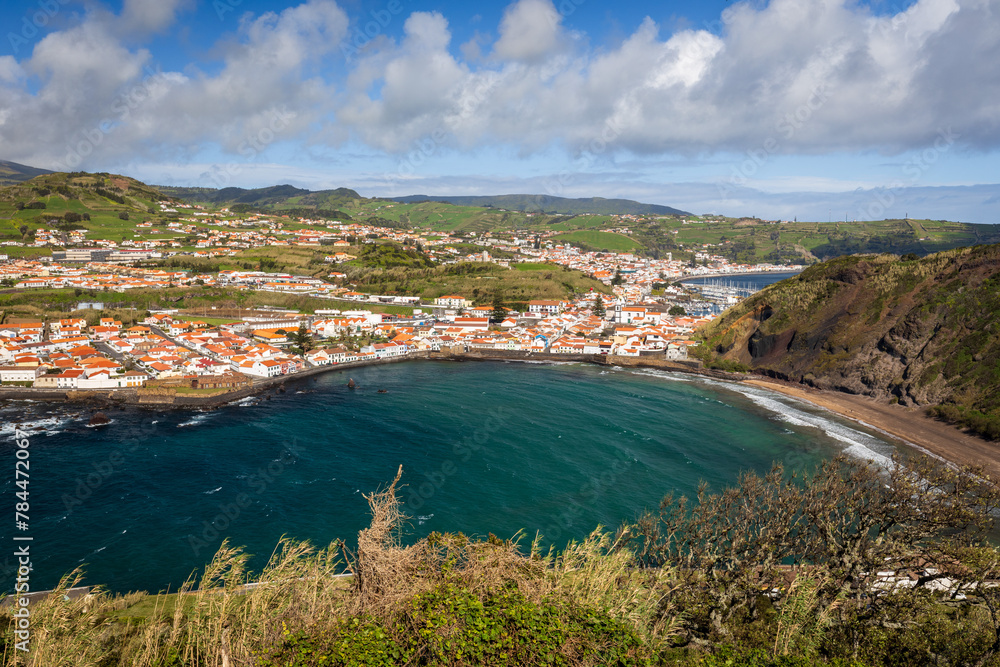 Horta city and Porto Pim beach from Lira viewpoint, Faial island, Azores