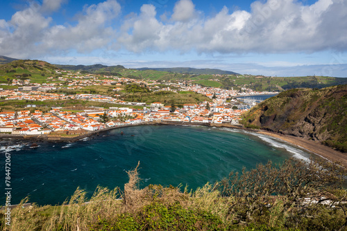 Horta city and Porto Pim beach from Lira viewpoint, Faial island, Azores