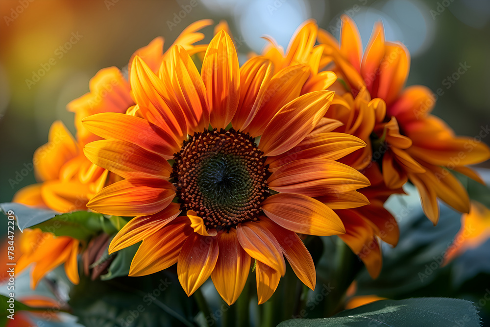 A close-up of a sunflower with its petals open. Green leaves surround the flower and is the main focus of the image. The bright orange color of the flower. Generative AI A close-up of a sunflower with its petals open. Green leaves surround the flower and is the main focus of the image. The bright orange color of the flower. Generative AI