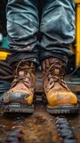 Closeup View of Weathered and Worn Work Boots on Muddy Terrain Suggesting Rugged Outdoor Work or Adventure