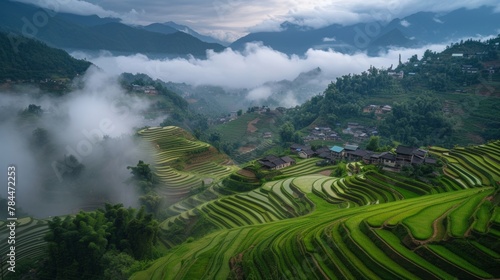 Terraced fields, Paddy fields, Ancient villages shrouded in clouds and mist in the mountains