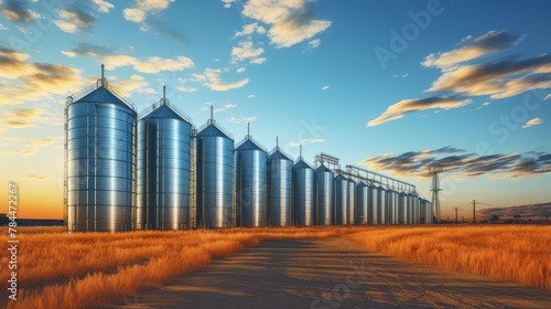 evening light shines on farm silos