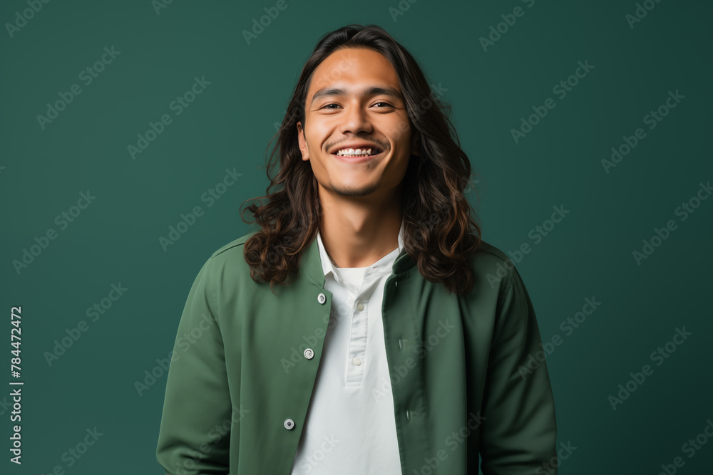 Cheerful young man with flowing hair and green jacket, vibrant personality portrait. Cheerful young man with flowing hair and green jacket, vibrant personality portrait.