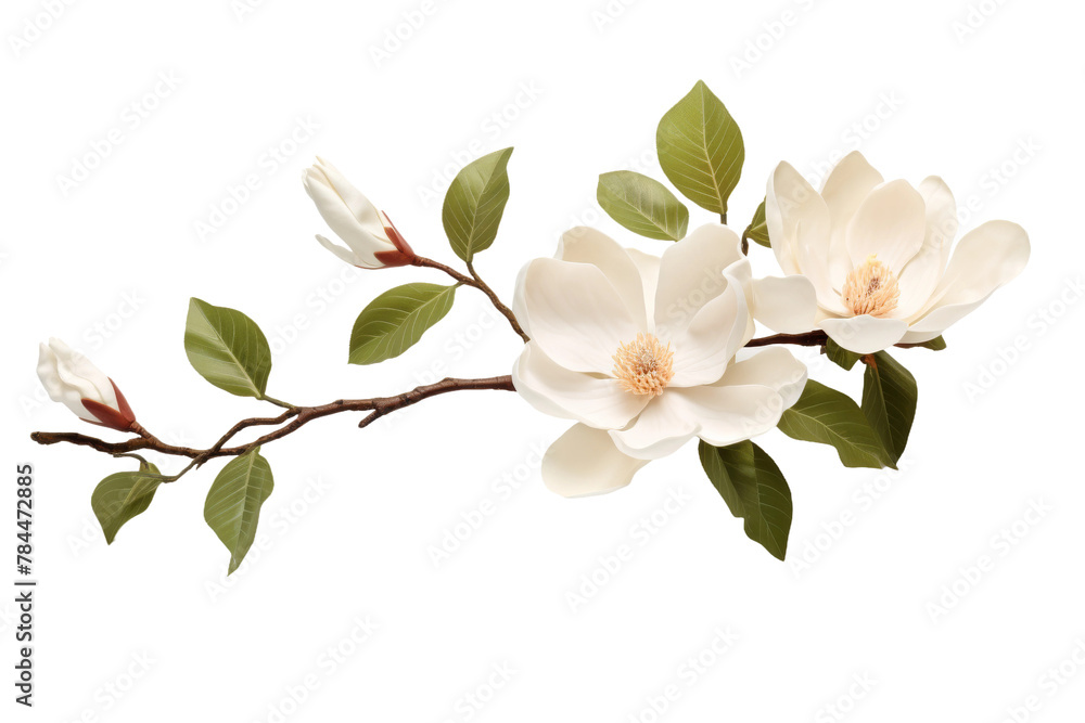 Serenity Blooms: A Branch of White Flowers and Green Leaves. On White or PNG Transparent Background. Serenity Blooms: A Branch of White Flowers and Green Leaves. On White or PNG Transparent Background.