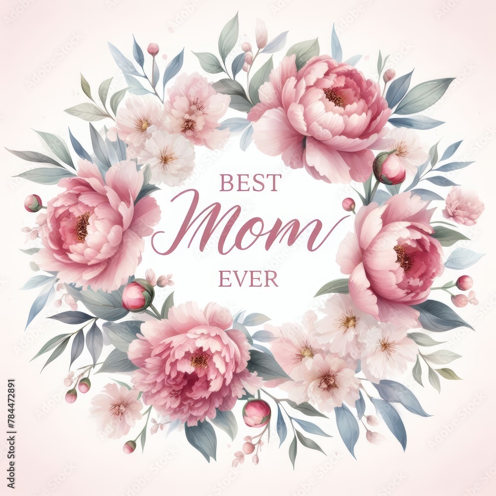 Stylized Peony Illustration 'Best Mom Ever' for Greeting Cards