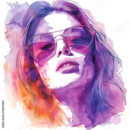 portrait of a woman with sunglasses, watercolor art on white background, generative ai