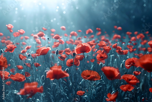 Captivating Red Poppy Blossoms in Ethereal Cinematic Landscape with Hyper-Detailed Photographic Style and Minimalist