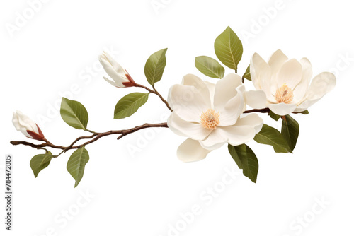 Serenity Blooms: A Branch of White Flowers and Green Leaves. On White or PNG Transparent Background. © Muhammad