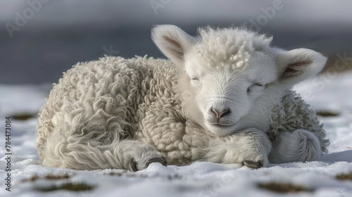  A close-up of a sheep lying in the snow, its head resting on another sheep's back