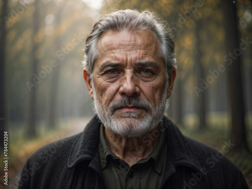 Outdoor Closeup Portrait of serious handsome 60 year old caucasian man with white beard and grey hair