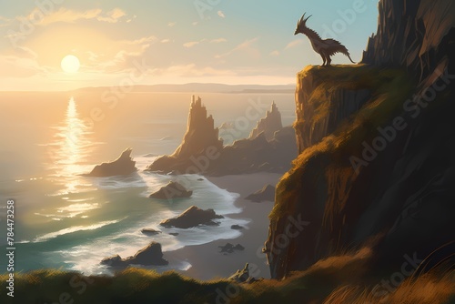**A serene coastal cliff overlooking the vast ocean, where a majestic dragon basks in the warm sunlight