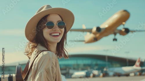 Fascinated by the beauty of the plane flying over the airport, the woman cannot hide her joy and delight before the expected journey. Her smile brightens up her face. Vacation travel