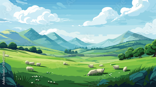 Peaceful countryside scene with rolling hills and g