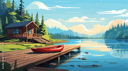 Peaceful lakeside cabin with wooden dock and rowboa © Hyper