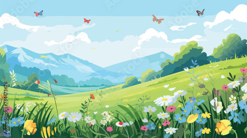 Peaceful meadow dotted with wildflowers and butterf