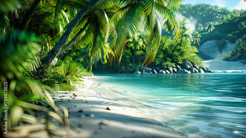 Idyllic Seychelles Beach with Palm Trees, White Sands, and Crystal Clear Waters under a Sunny Sky