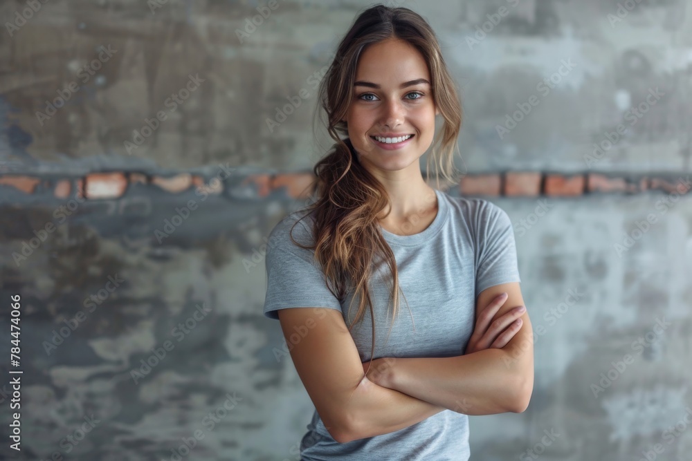 A cheerful, young woman smiling with arms folded against an urban gym backdrop, representing vitality