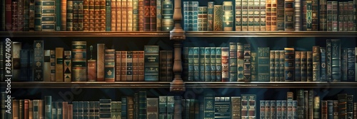 Library book shelves background with rows iof old books lit with light as background for wisdom and literacy concept