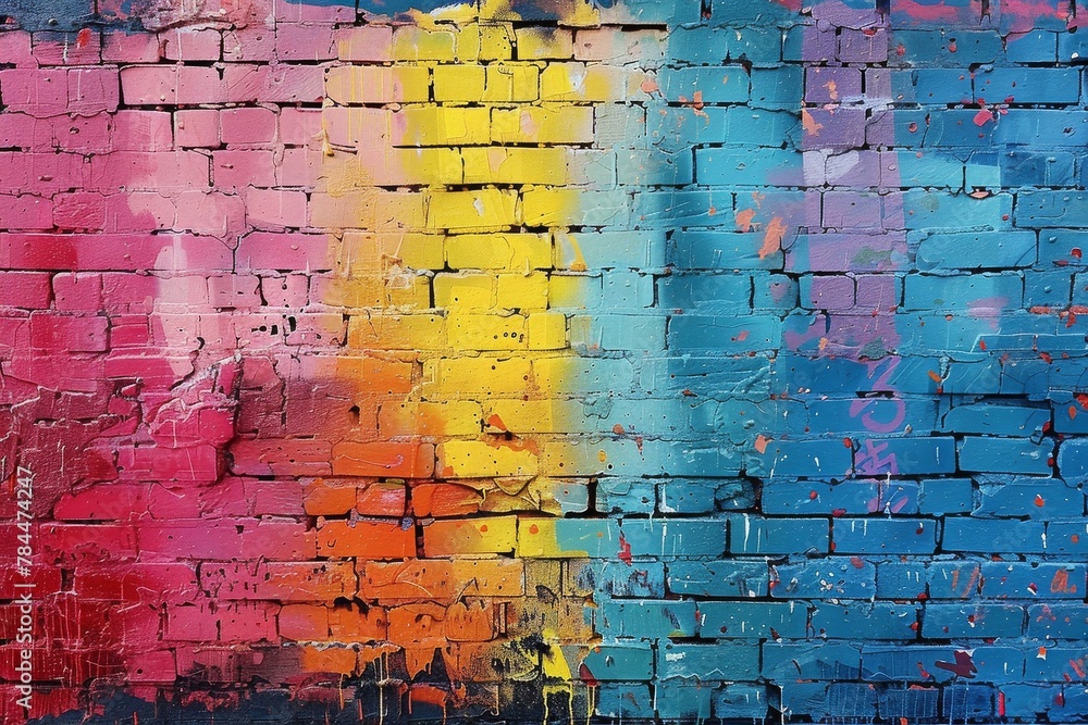 An urban street art piece, this image captures the dripping paint textures over a multicolored brick wall
