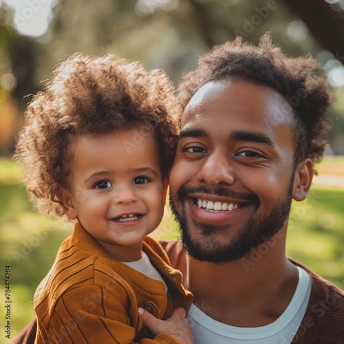 Smiling African American father holding toddler son outdoors, celebrating Father's Day with a joyous embrace. Concept of family, love, and Father's Day. © Tam