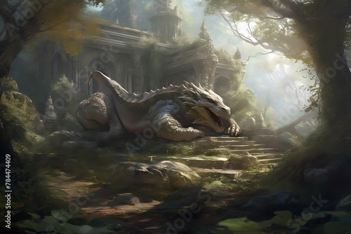 **A serene glade surrounded by ancient ruins, where a magnificent dragon rests amidst the remnants of a forgotten civilization