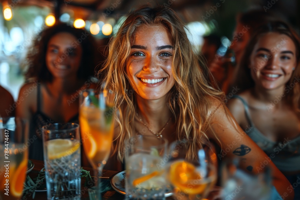 A smiling young woman enjoys a sociable moment with friends over drinks at a gathering